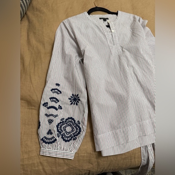 J. Crew embroidered cotton red and navy Striped Blouse with statement bow - Picture 5 of 10